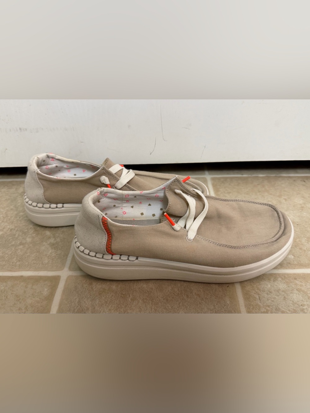 Hey Dude Women’s Tan Canvas Sneakers with Orange Trim